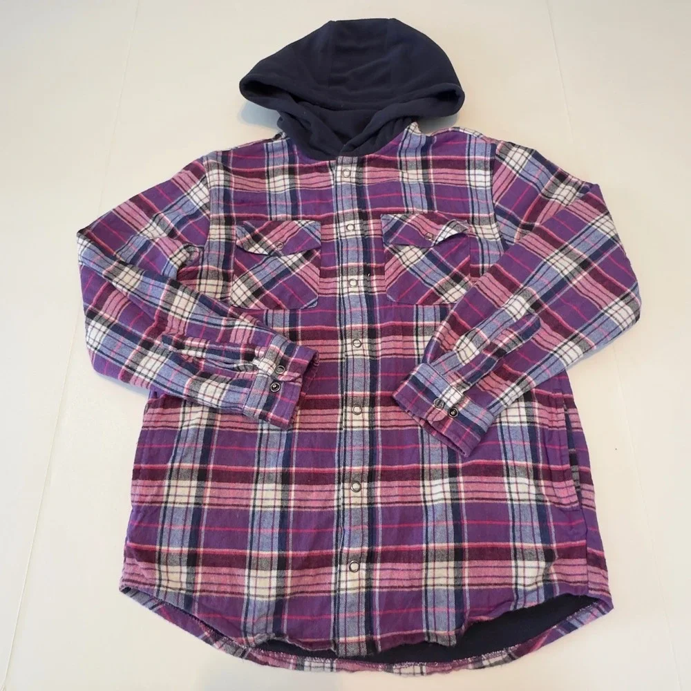 LL Bean Kid Purple Plaid Fleece Lined Hooded Flannel Shirt Jacket M 10-12 502123